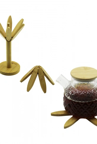 STANDLI AĞAÇ MODEL 2PCS AHŞAP BAMBU KATLANIR NİHALE 6-YAPRAKLI ÇİÇEK MODELİ= ÇAP: 20CM (4940)