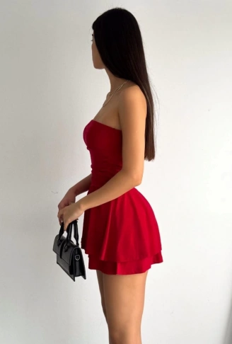 Straplez Sandy Kumaş Şortlu Prenses Etek Mini Kloş Elbise - Kırmızı