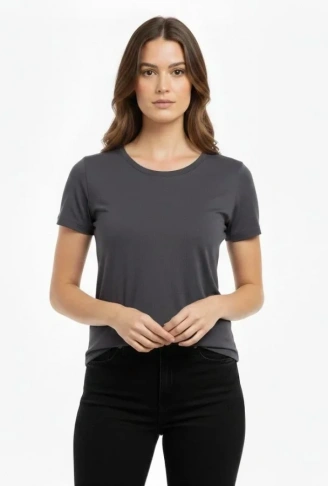 T-Shirt Bisiklet Yaka Slim Fit Likralı Tişört Günlük Basic Body - Füme