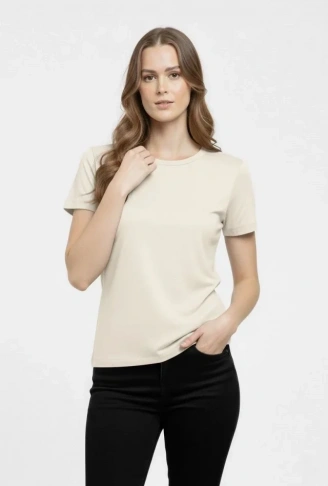 T-Shirt Bisiklet Yaka Slim Fit Likralı Tişört Günlük Basic Body - Taş