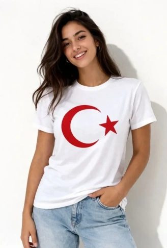 T-Shirt Kısa Kol Bisiklet Yaka Ay Yıldız Bayrak Baskılı Tişört - Beyaz