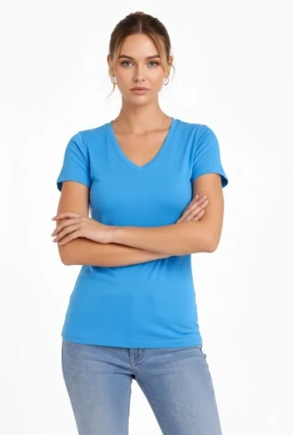 T-Shirt V Yaka Slim Fit Likralı Tişört Günlük Basic Body - Açık Mavi