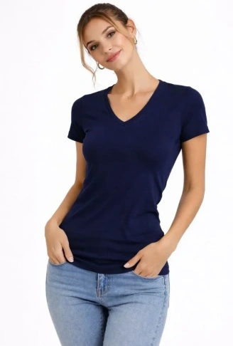 T-Shirt V Yaka Slim Fit Likralı Tişört Günlük Basic Body - Lacivert