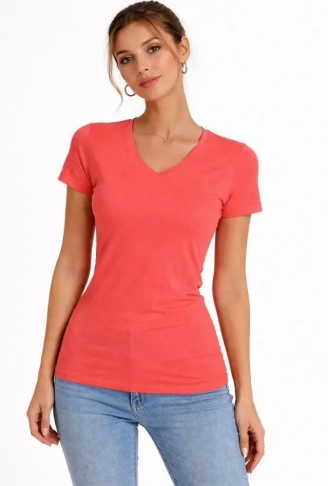 T-Shirt V Yaka Slim Fit Likralı Tişört Günlük Basic Body - Nar Çiçeği