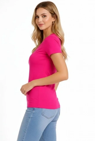 T-Shirt V Yaka Slim Fit Likralı Tişört Günlük Basic Body - Pembe