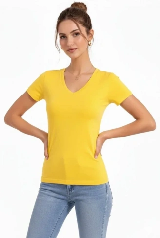 T-Shirt V Yaka Slim Fit Likralı Tişört Günlük Basic Body - Sarı