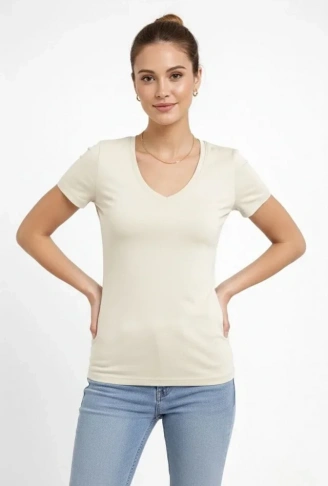T-Shirt V Yaka Slim Fit Likralı Tişört Günlük Basic Body - Taş