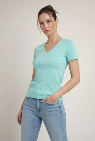 T-Shirt V Yaka Slim Fit Likralı Tişört Günlük Basic Body - Turkuvaz