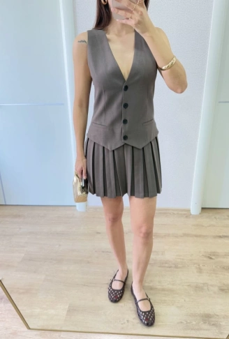 Takım Görünümlu Yelekli Mini Elbise- Füme