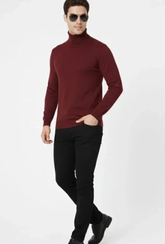 Tam Boğazlı Balıkcı Yaka Triko Kazak Yumuşak Dokulu Pamuklu Ince Dokuma, Uzun Kollu Rahat Regular Kalıp - Bordo