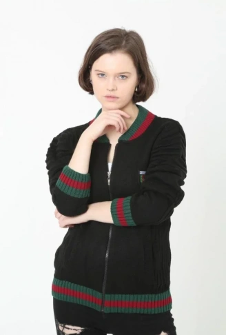 Tam Fermuarlı Triko Hırka - Siyah