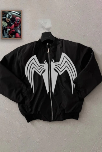 Tam Fermuarlı Uzun Kol Baskılı Bomber Ceket - Siyah