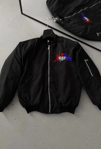 Tam Fermuarlı Uzun Kol Baskılı Bomber Ceket - Siyah