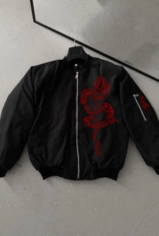 Tam Fermuarlı Uzun Kol Baskılı Bomber Ceket - Siyah