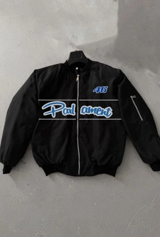 Tam Kalıp Uzun Kol Baskılı Bomber Ceket - Siyah