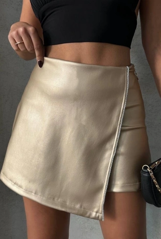 Taşlı şort etek deri gold h240018