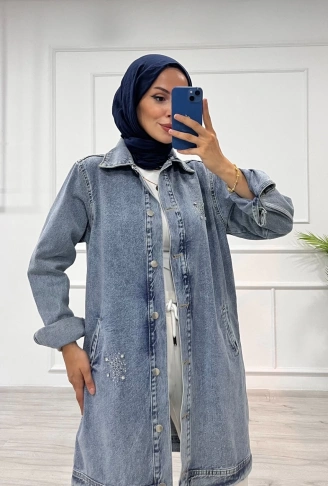 Taşlı tunik ceket kar yıkama orta mavi d2516
