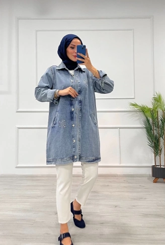Taşlı tunik ceket kar yıkamalı mavi d2516