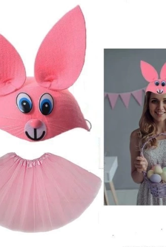 Tavşan Kostümü Pembe - 23 Nisan Tavşan Şapka ve Tütü Etek Seti 2 Parça
