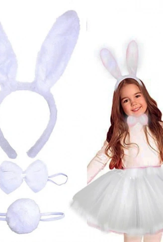 Tavşan Tacı Eteği Papyonu ve Kuyruk Kostüm Seti Beyaz Renk Çocuk Boy (4940)