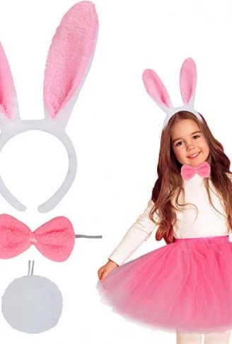 Tavşan Tacı Eteği Papyonu ve Kuyruk Kostüm  Seti Pembe Renk Çocuk Boy (4940)
