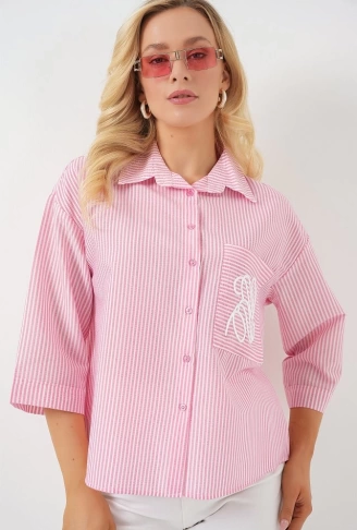 Tek Cep Nakışlı Gömlek 20328 - Pembe