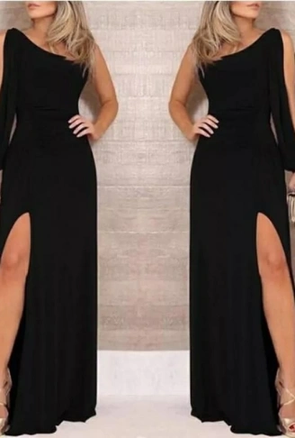 Tek Omuz Açık Derin Yırtmaçlı Krep Tam Boy Elbise