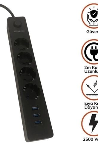 Termak Akım Korumalı 4 Priz 3 Usb Girişli Uzatma Kablosu Güç&şarj (  )