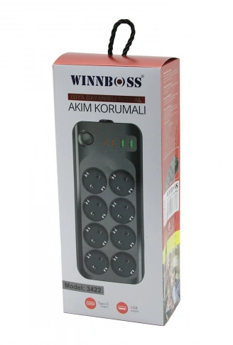 TERMAL AKIM - KISA DEVRE KORUMALI 8Lİ PRİZ 2+2 USB-TYPE-C - 2 METRE ANAHTARLI UZATMA KABLO 16A - 4000W (4940)