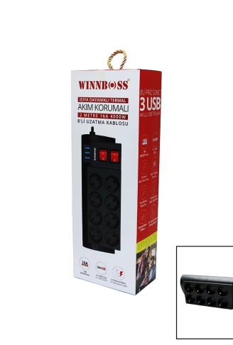 TERMAL AKIM KORUMALI 16A 8Lİ PRİZ 3XUSB 2MT ANAHTARLI UZATMA KABLO SİYAH (4940)