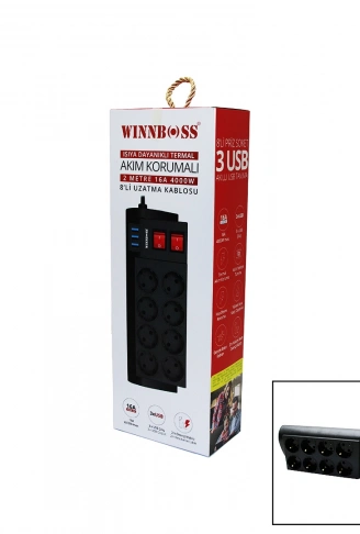 TERMAL AKIM KORUMALI 16A 8Lİ PRİZ 3XUSB 2MT ANAHTARLI UZATMA KABLO SİYAH (4940)