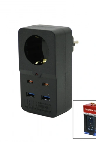 TERMAL AKIM KORUMALI  1XPRİZ 2X USB 2X TYPE-C DUVAR TİPİ PRİZ SİYAH 10A - 2500W (4940)