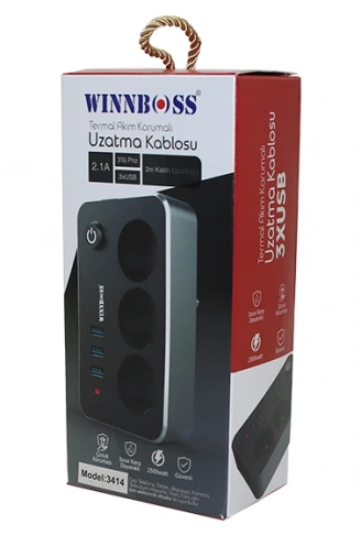 TERMAL AKIM KORUMALI 2.1A 3LÜ PRİZ 3XUSB 2MT ANAHTARLI UZATMA KABLO SİYAH (4940)