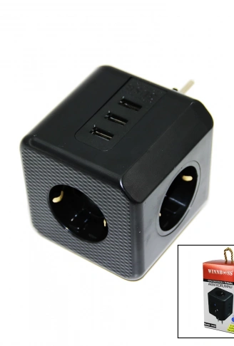 TERMAL AKIM KORUMALI  3X PRİZ 3X USB DUVAR TİPİ PRİZ SİYAH 10A - 2500W (4940)