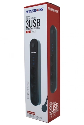 TERMAL AKIM KORUMALI 4LÜ PRİZ 3XUSB 2MT ANAHTARLI UZATMA KABLO SİYAH 10A - 2500W (4940)