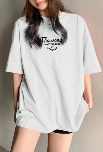 Thousand Baskılı Oversize Bisiklet Yaka T-shirt - Beyaz