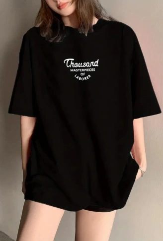 Thousand Baskılı Oversize Bisiklet Yaka T-shirt - Siyah