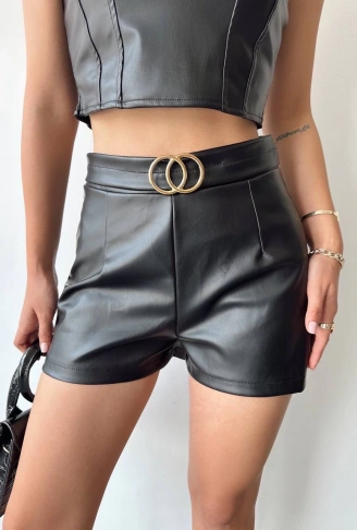 Tokalı deri şort siyah s24444