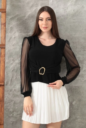 Tokalı tül kollu bluz siyah t4071