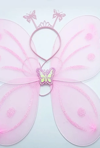 Toz Pembe Renk Kelebek Kanadı Tacı ve Sopası 50x37 cm (4940)