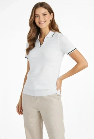 Triko Kumaş Yakalı Düğmesiz Açık Yaka Fitilli Kısa Kollu Regular Fit Tişört T-shirt - Beyaz