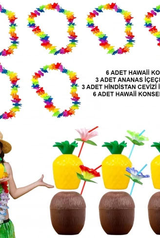 Tropikal Hawaii Parti Malzemeleri – Kolye, Pipet, Bardak Seti (4940)