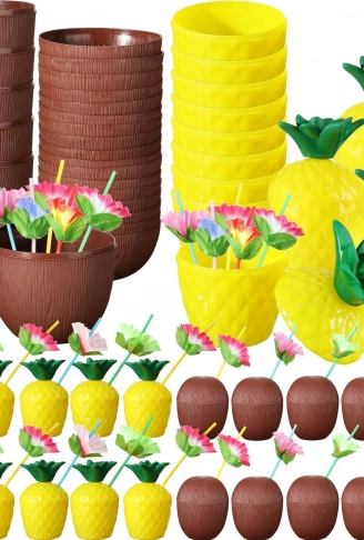 Tropikal Parti Bardak Seti – Ananas ve Hindistan Cevizi Şekilli Pipetli Bardaklar (20 Adet) (4940)