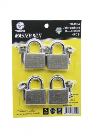 TUDOR TD-MS4 MASTER 4PCS JOKER ANAHTARLI=TEK ANAHTARLA 4 KİLİT AÇ  60MM - GRİ KISA KANCALI ÇELİK ASMA KİLİT (4940)