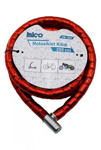 TÜP ANAHTARLI METAL KAFA ÇELİK MOTOR - BİSİKLET KİLİT SİLİNDİRİK SPİRAL KİLİT KIRMIZI KILIF22MM X 200CM (4940)