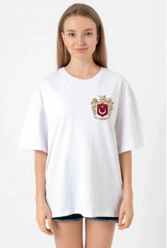 Türk Arma Baskılı Oversize Bisiklet Yaka Günlük T-shirt - Beyaz