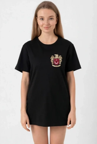 Türk Arma Baskılı Oversize Bisiklet Yaka Günlük T-shirt - Siyah