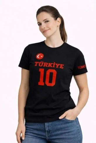 TÜRKİYE Ay Yıldız Baskılı 10 Numara Forma Tişört Taraftar T-Shirt - Siyah