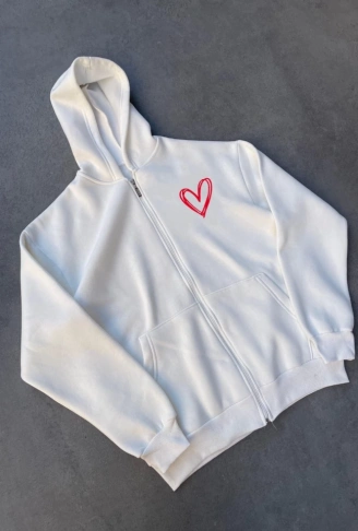 Üç İplik Baskılı Fermuarlı Kapşonlu Hırka - Beyaz