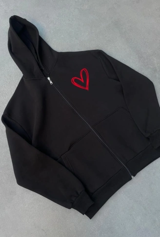 Üç İplik Baskılı Fermuarlı Kapşonlu Hırka - Siyah